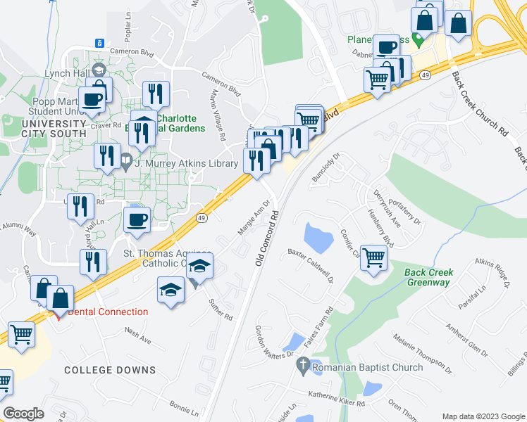 map of restaurants, bars, coffee shops, grocery stores, and more near 1435 Legacy Walk Lane in Charlotte