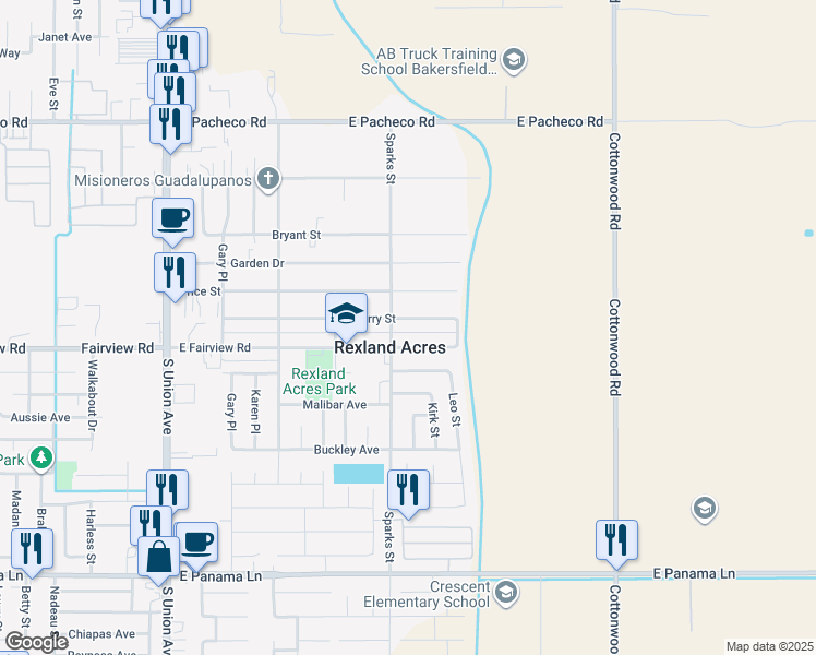 map of restaurants, bars, coffee shops, grocery stores, and more near 509 Sperry Street in Bakersfield