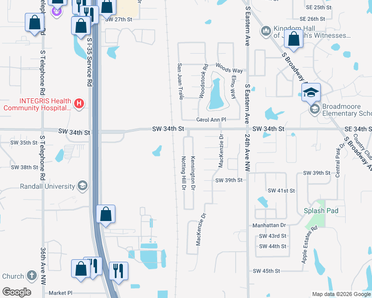 map of restaurants, bars, coffee shops, grocery stores, and more near 3704 Notting Hill Drive in Moore