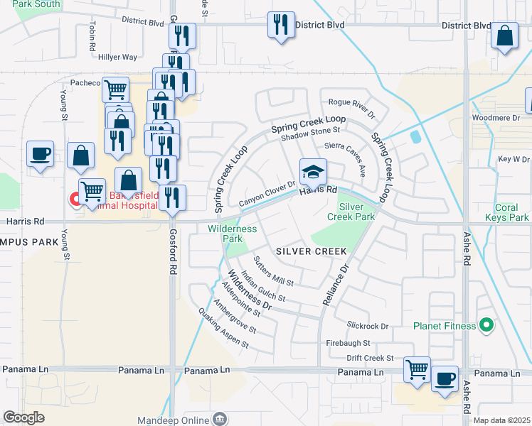 map of restaurants, bars, coffee shops, grocery stores, and more near 7508 Carson Hill Court in Bakersfield