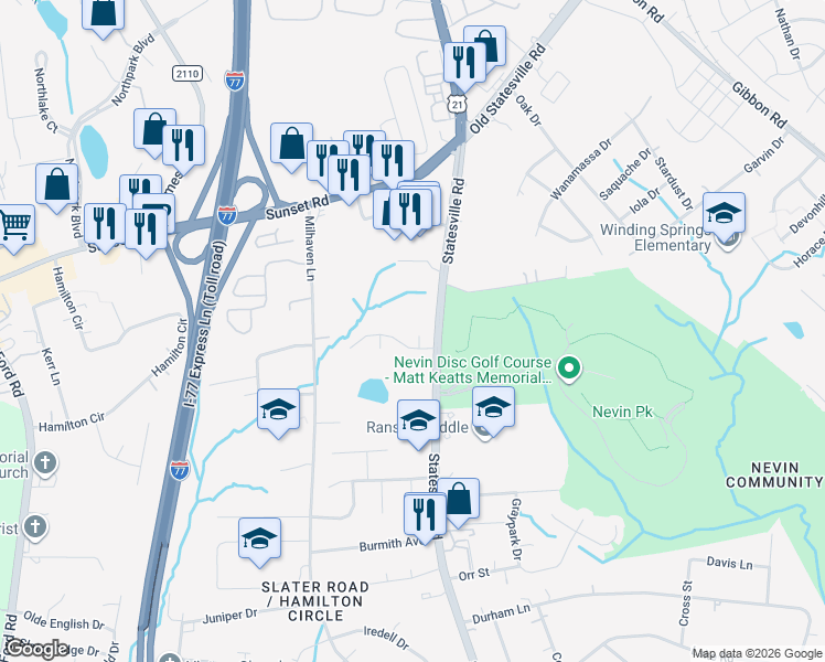 map of restaurants, bars, coffee shops, grocery stores, and more near 6111 Smithwood Court in Charlotte