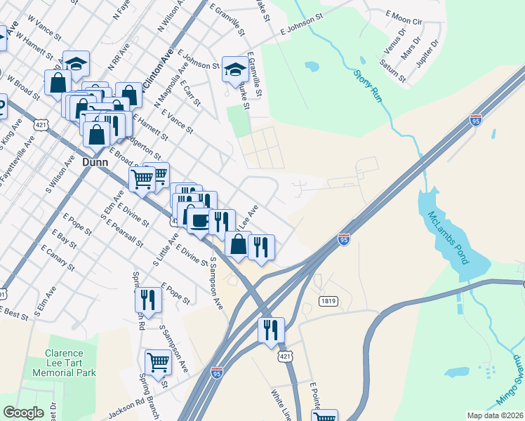 map of restaurants, bars, coffee shops, grocery stores, and more near 1004 East Harnett Street in Dunn