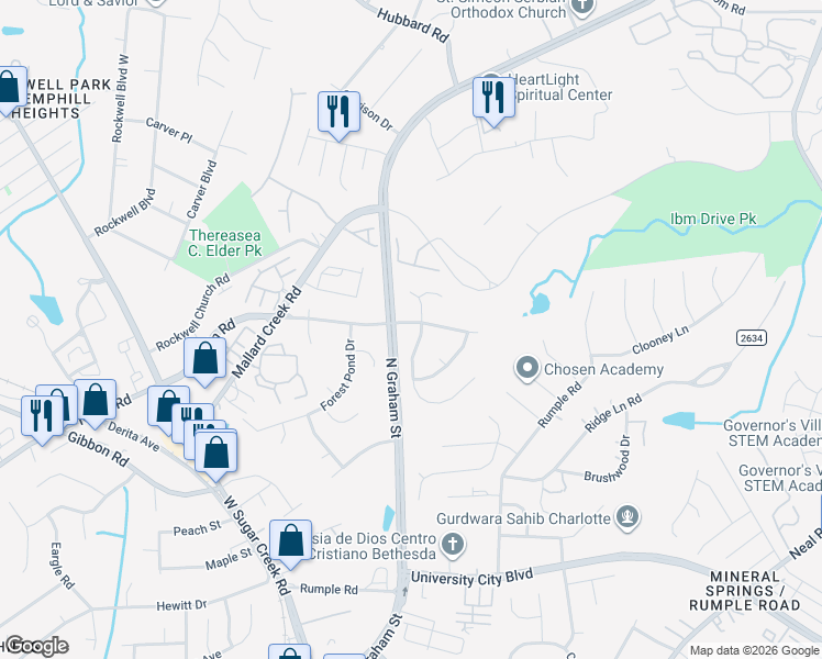 map of restaurants, bars, coffee shops, grocery stores, and more near 6414 Nevin Road in Charlotte