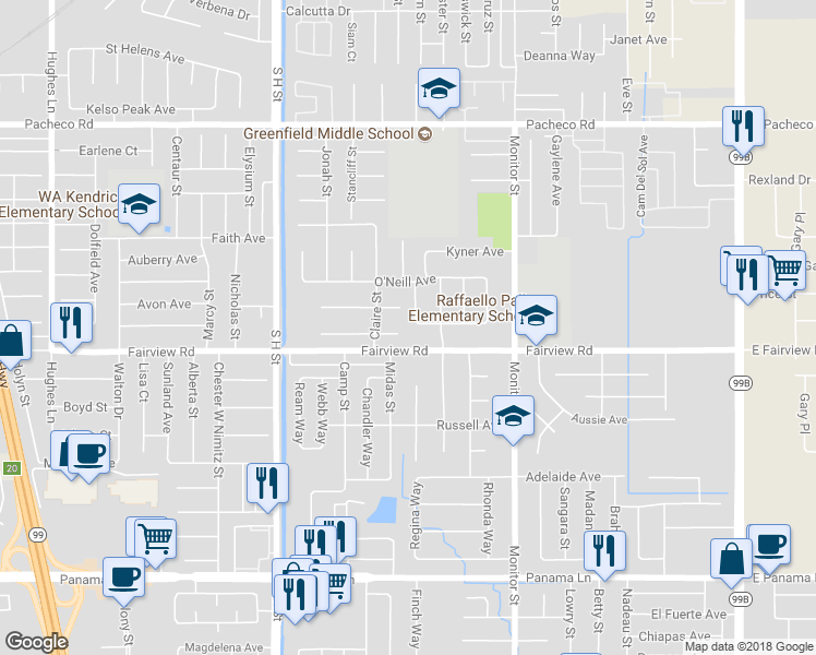 map of restaurants, bars, coffee shops, grocery stores, and more near 5525 Dustin Street in Bakersfield