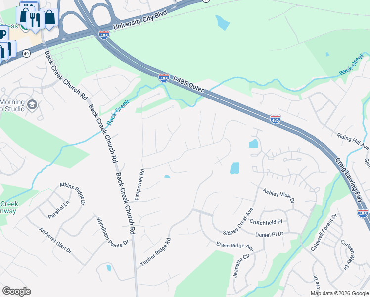 map of restaurants, bars, coffee shops, grocery stores, and more near 2318 Phlox Court in Charlotte