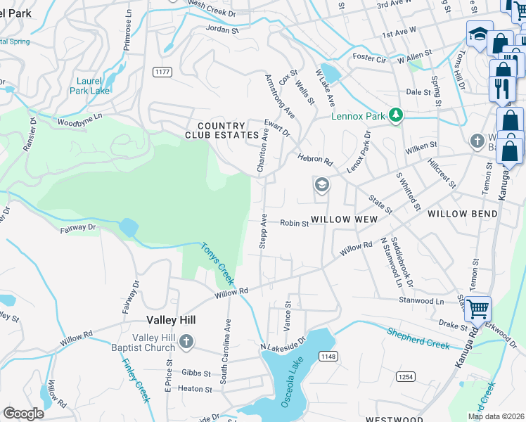map of restaurants, bars, coffee shops, grocery stores, and more near 403 Smoothstone Lane in Hendersonville