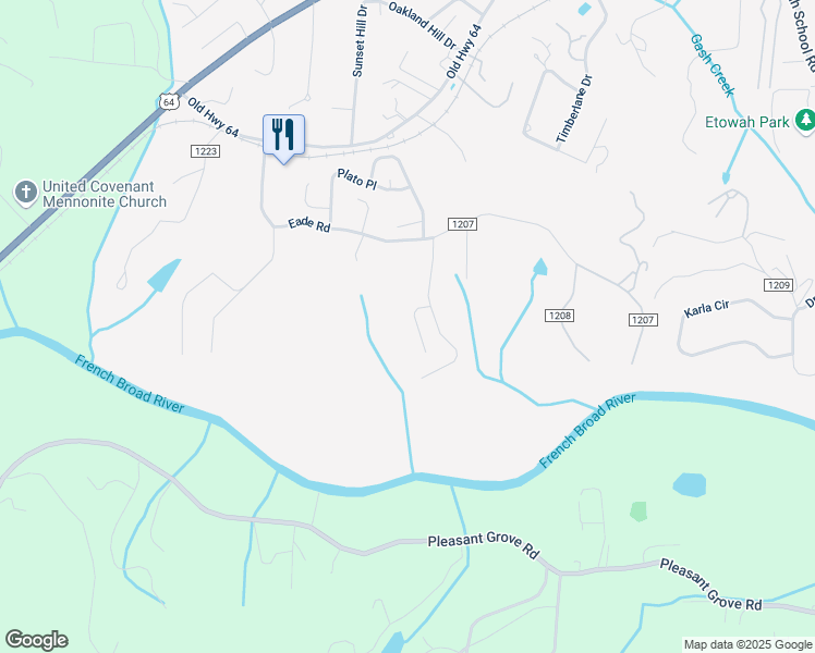 map of restaurants, bars, coffee shops, grocery stores, and more near 68 Asher Lane in Etowah