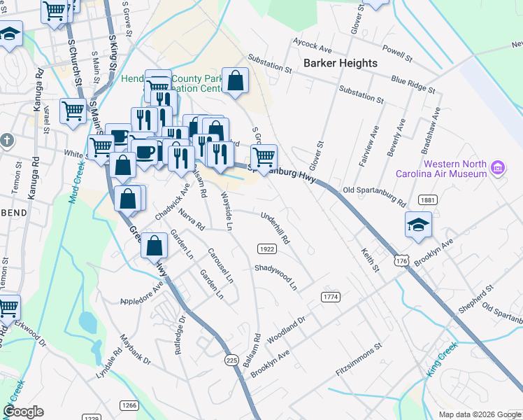 map of restaurants, bars, coffee shops, grocery stores, and more near 67 Underhill Road in Hendersonville
