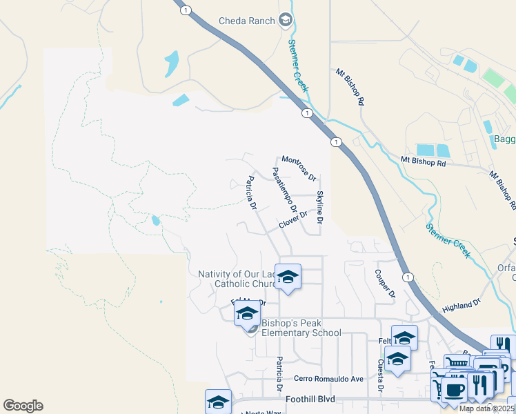 map of restaurants, bars, coffee shops, grocery stores, and more near 841 Patricia Drive in San Luis Obispo