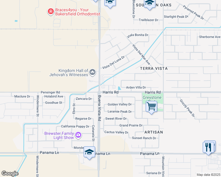 map of restaurants, bars, coffee shops, grocery stores, and more near 11200 Harris Road in Bakersfield