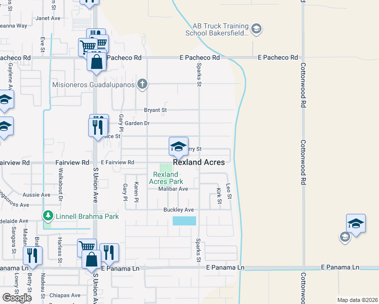 map of restaurants, bars, coffee shops, grocery stores, and more near 425 Sperry Street in Bakersfield
