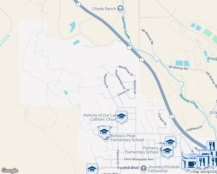 map of restaurants, bars, coffee shops, grocery stores, and more near 841 Patricia Drive in San Luis Obispo