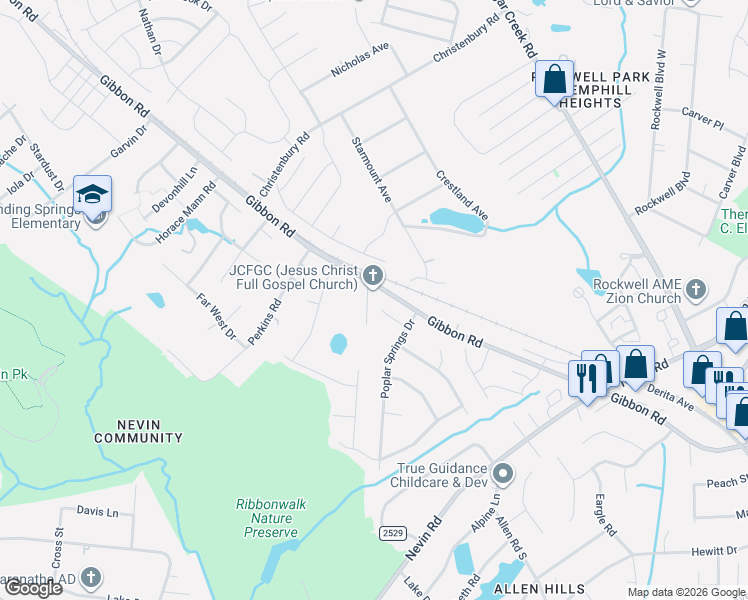 map of restaurants, bars, coffee shops, grocery stores, and more near 3601 Gibbon Road in Charlotte