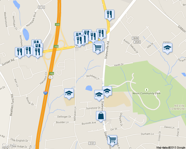 map of restaurants, bars, coffee shops, grocery stores, and more near 6111 Smithwood Court in Charlotte