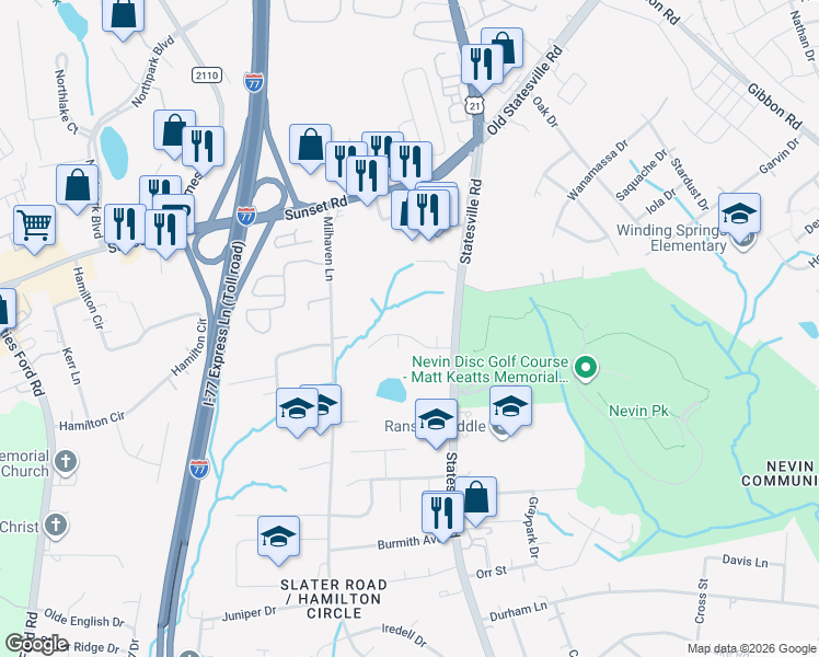 map of restaurants, bars, coffee shops, grocery stores, and more near 6111 Smithwood Court in Charlotte