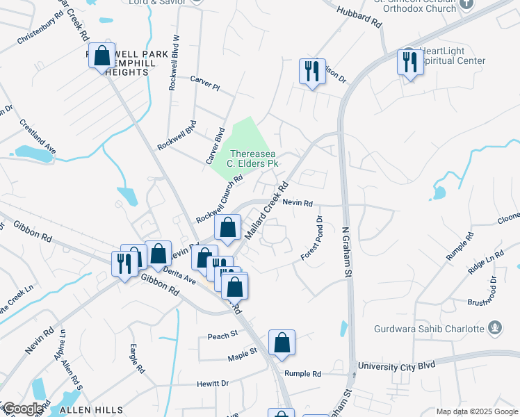 map of restaurants, bars, coffee shops, grocery stores, and more near 6468 Mallard View Lane in Charlotte