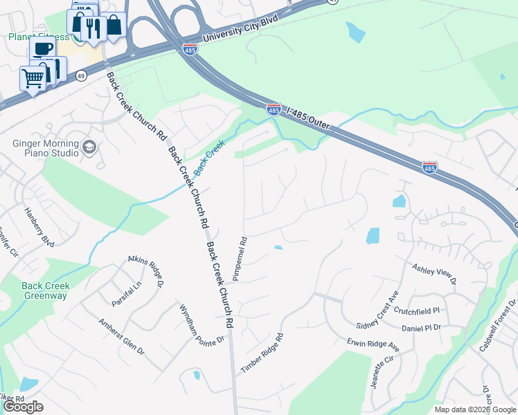 map of restaurants, bars, coffee shops, grocery stores, and more near 2342 Comfrey Court in Charlotte