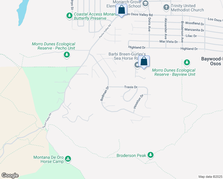 map of restaurants, bars, coffee shops, grocery stores, and more near 225 Travis Drive in Baywood-Los Osos