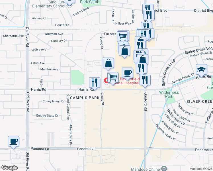 map of restaurants, bars, coffee shops, grocery stores, and more near 5602 Young Street in Bakersfield