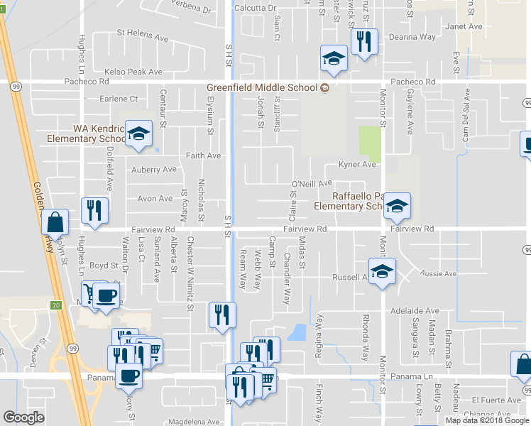 map of restaurants, bars, coffee shops, grocery stores, and more near 1508 Canyon Court in Bakersfield