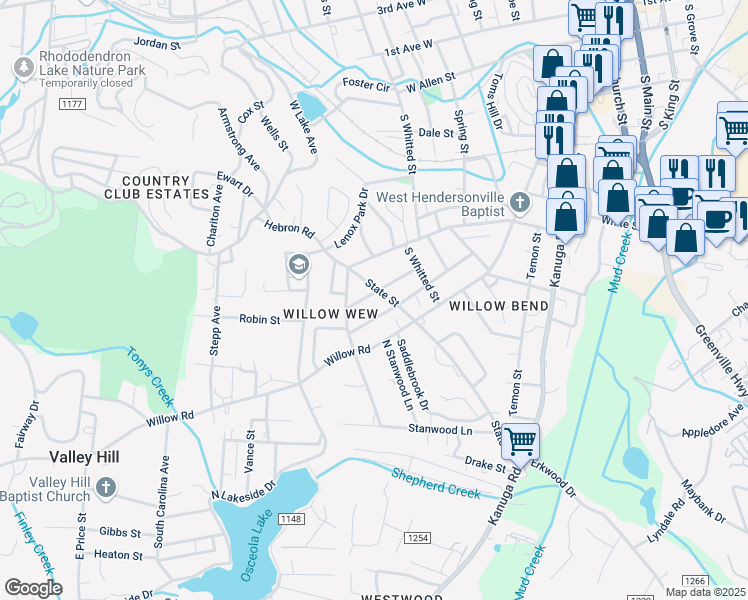 map of restaurants, bars, coffee shops, grocery stores, and more near 110 Hall Street in Hendersonville