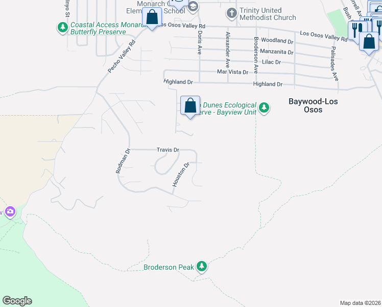 map of restaurants, bars, coffee shops, grocery stores, and more near 329 Travis Drive in Baywood-Los Osos