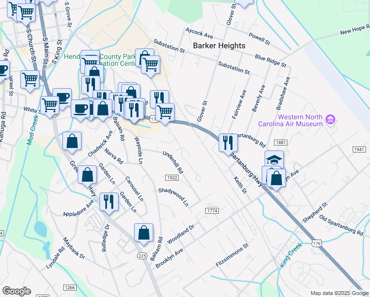 map of restaurants, bars, coffee shops, grocery stores, and more near 21 South Charleston Lane in Hendersonville