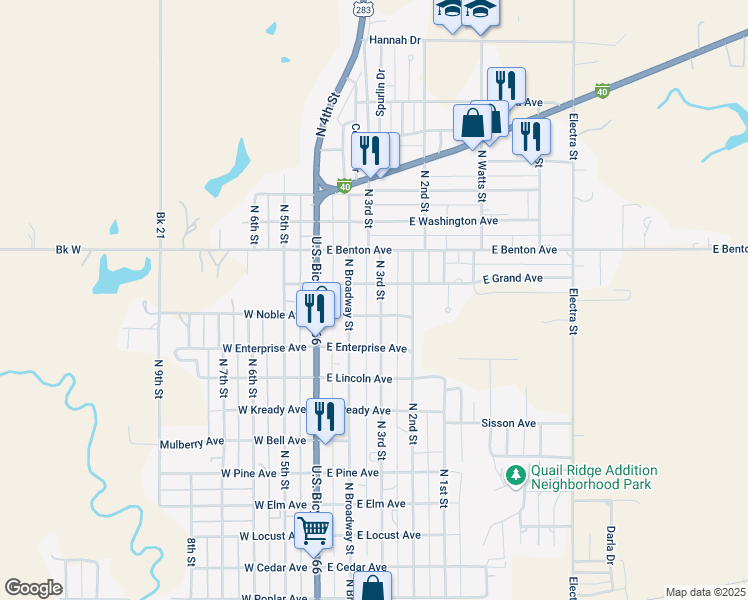 map of restaurants, bars, coffee shops, grocery stores, and more near 1207 North 3rd Street in Sayre
