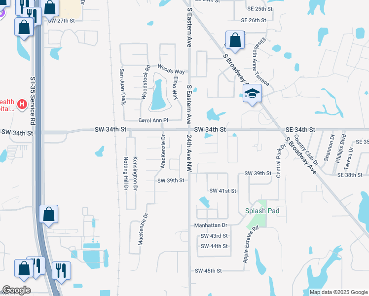 map of restaurants, bars, coffee shops, grocery stores, and more near 3612 New London Avenue in Moore