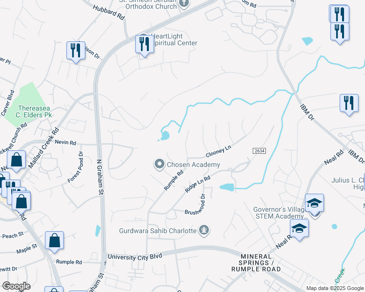 map of restaurants, bars, coffee shops, grocery stores, and more near 7031 Rumple Road in Charlotte