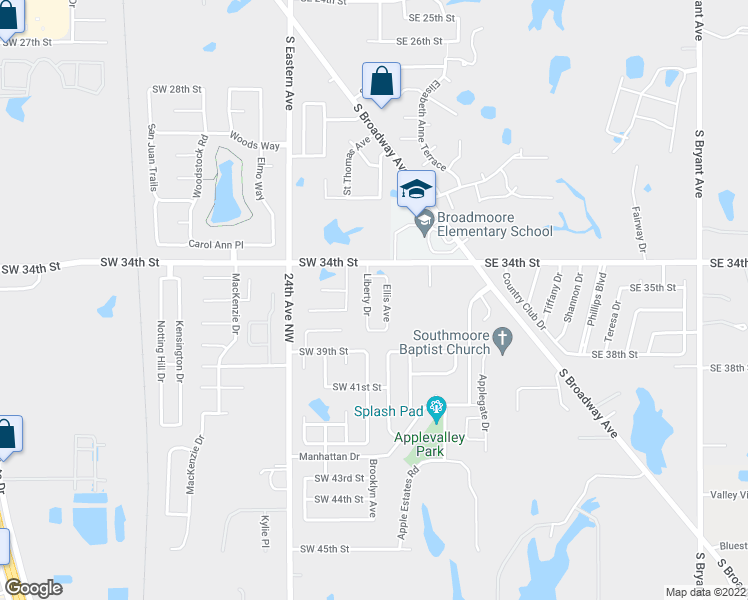 map of restaurants, bars, coffee shops, grocery stores, and more near 3600 Liberty Drive in Moore