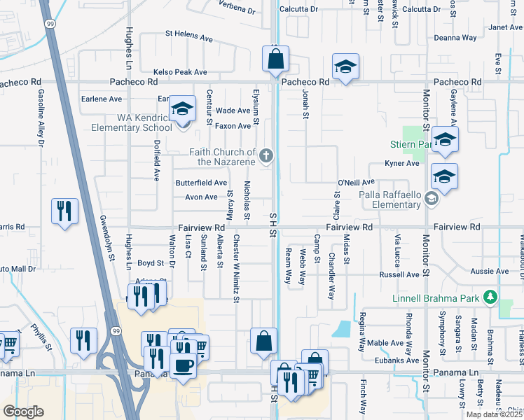map of restaurants, bars, coffee shops, grocery stores, and more near 5517 Ramona Court in Bakersfield