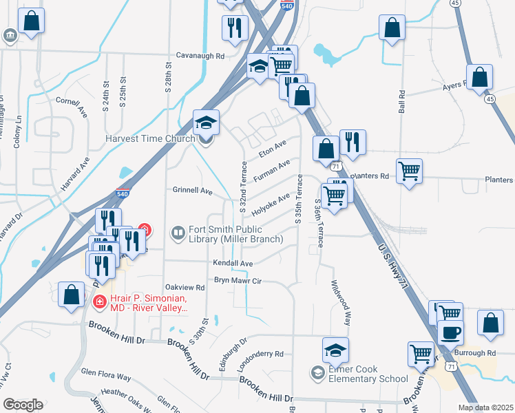 map of restaurants, bars, coffee shops, grocery stores, and more near 3213 Holyoke Avenue in Fort Smith