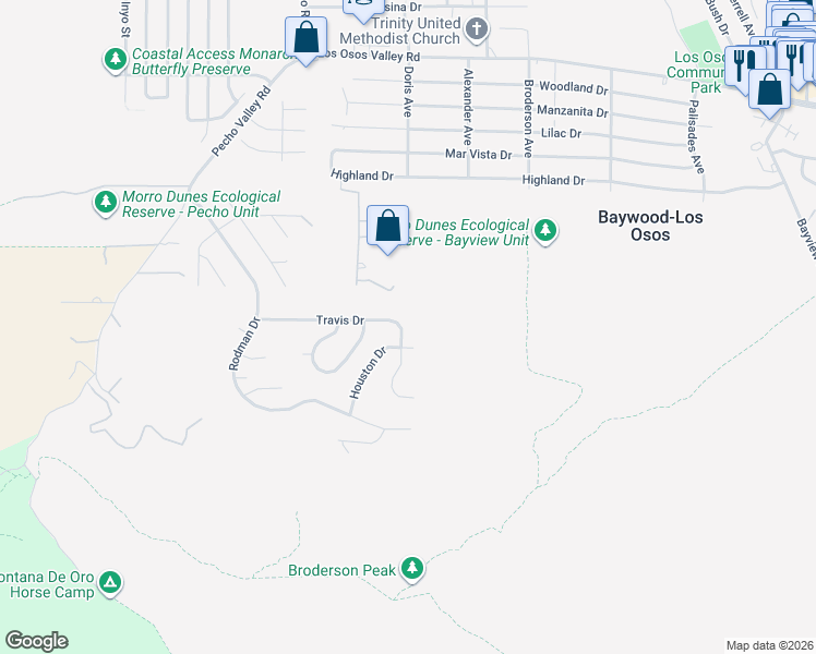map of restaurants, bars, coffee shops, grocery stores, and more near 340 Travis Drive in Baywood-Los Osos