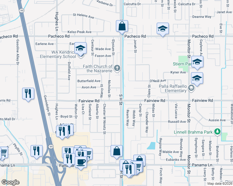 map of restaurants, bars, coffee shops, grocery stores, and more near 5517 Ramona Court in Bakersfield