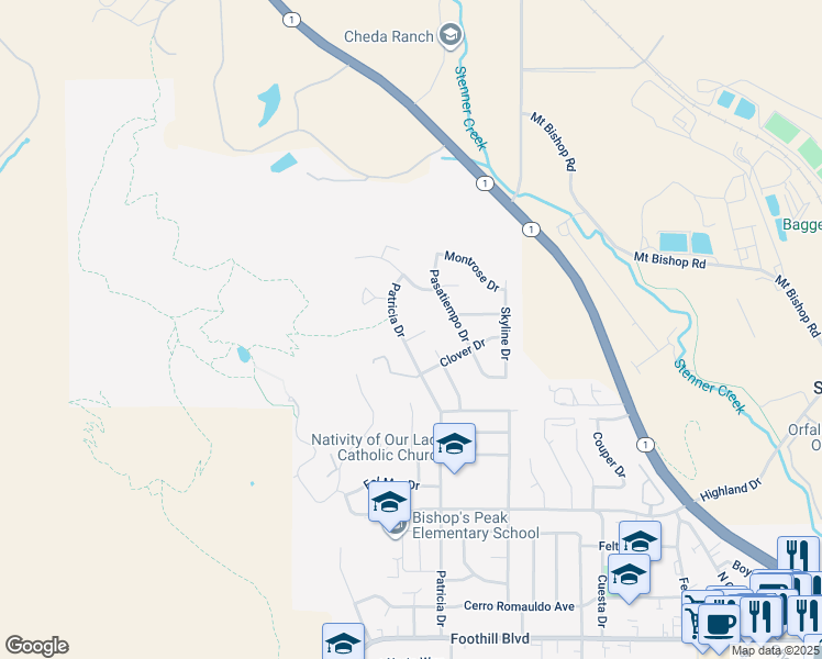 map of restaurants, bars, coffee shops, grocery stores, and more near 245 Patricia Court in San Luis Obispo