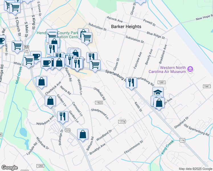 map of restaurants, bars, coffee shops, grocery stores, and more near 21 Charleston View Court in Hendersonville