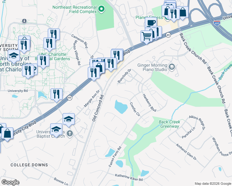 map of restaurants, bars, coffee shops, grocery stores, and more near 1741 Conifer Circle in Charlotte
