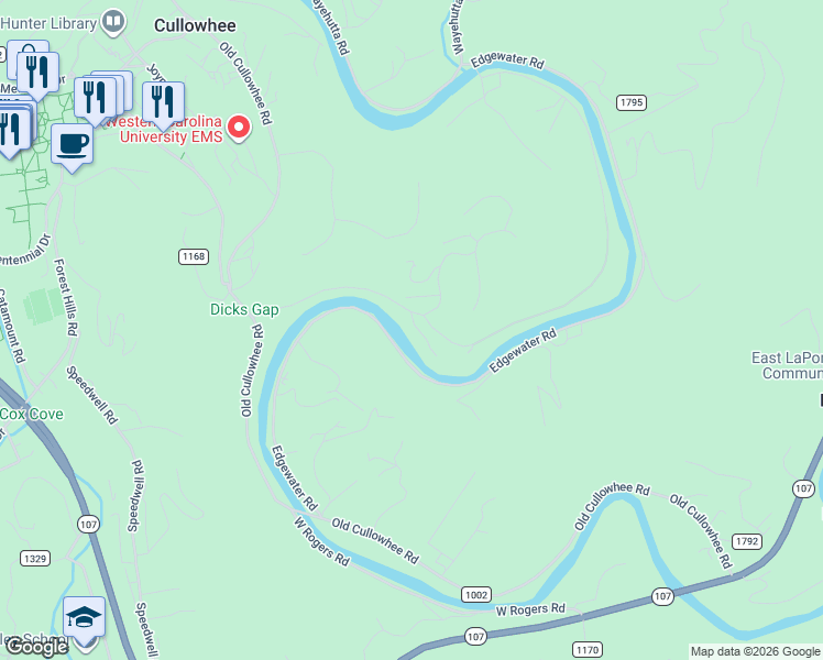 map of restaurants, bars, coffee shops, grocery stores, and more near 20 Grayling Drive in Cullowhee