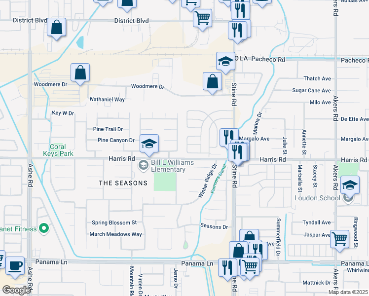map of restaurants, bars, coffee shops, grocery stores, and more near 5605 Pine Springs Way in Bakersfield