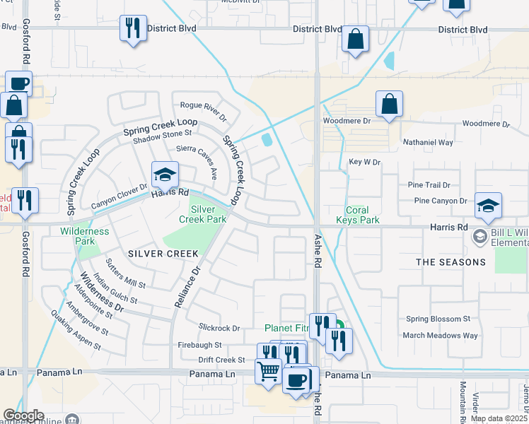 map of restaurants, bars, coffee shops, grocery stores, and more near 6804 Stardust Way in Bakersfield