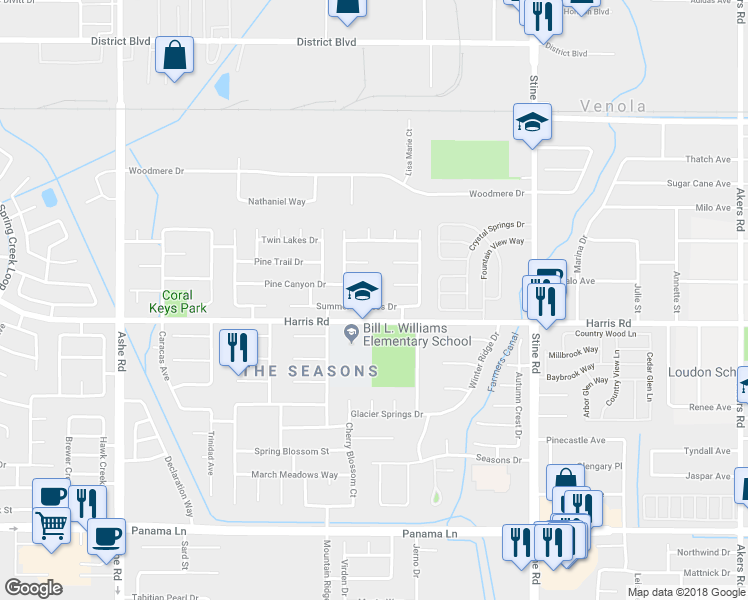 map of restaurants, bars, coffee shops, grocery stores, and more near 5404 Summer Cypress Drive in Bakersfield
