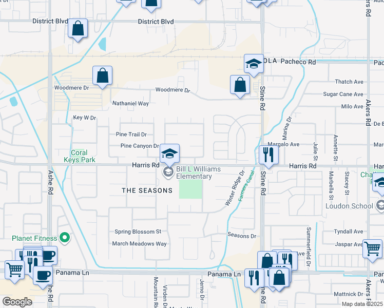 map of restaurants, bars, coffee shops, grocery stores, and more near 5306 Summer Cypress Drive in Bakersfield