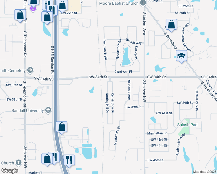map of restaurants, bars, coffee shops, grocery stores, and more near 3704 Notting Hill Drive in Moore