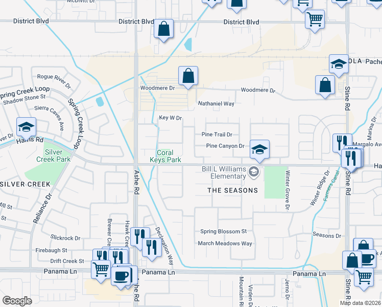 map of restaurants, bars, coffee shops, grocery stores, and more near 5616 Barbados Avenue in Bakersfield