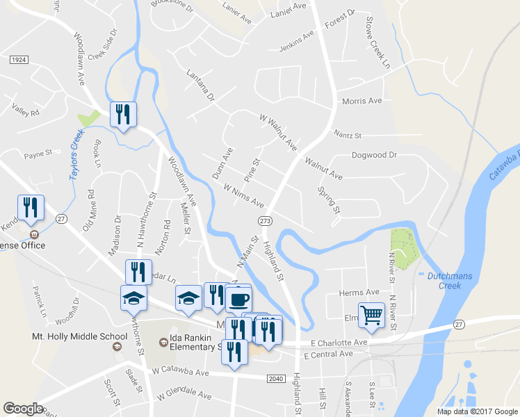 map of restaurants, bars, coffee shops, grocery stores, and more near 107 West Nims Avenue in Mount Holly