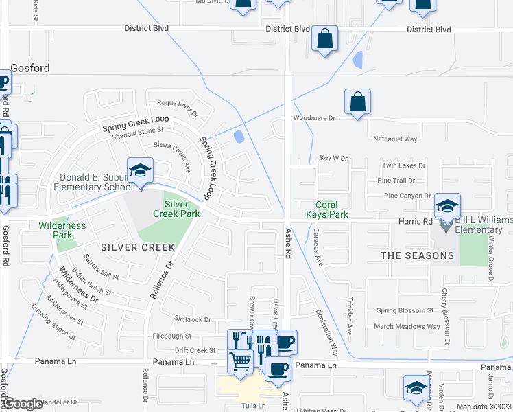 map of restaurants, bars, coffee shops, grocery stores, and more near 6620 Mountain Iron Drive in Bakersfield