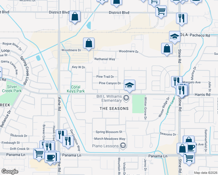 map of restaurants, bars, coffee shops, grocery stores, and more near 5812 Summer Cypress Drive in Bakersfield