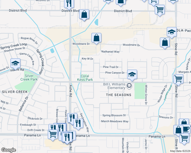 map of restaurants, bars, coffee shops, grocery stores, and more near 5616 Barbados Avenue in Bakersfield