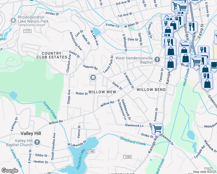 map of restaurants, bars, coffee shops, grocery stores, and more near 110 Hall Street in Hendersonville